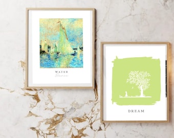 Prints Drawings Modern Abstract Digital Art,Set of Two.Abstract Water and Tree Drawings.Modern Wall Decor,Dream,Water Dance Quotes.