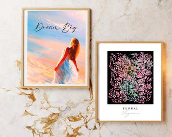 Prints Drawings Modern Abstract Digital Art,Digital Printable Art.Set of Two Woman Portrait, Floral,Leaves,Pattern,.Dream,Floral Quotes