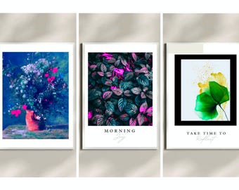 Prints Drawings Modern Abstract Digital Wall Art,Set of Three,Floral,Leaves Drawings.Printable Wall Art,Modern decor, Morning,Reflect Quotes