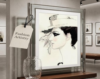 Neutral Minimalist Woman Fine Line Sketch,Printable Wall Art,Woman in Hat (Digital Download)