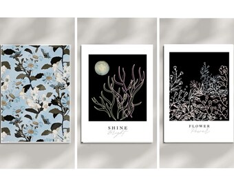 Impresiones, dibujos, arte digital abstracto moderno. Conjunto de tres impresiones artísticas: floral, hojas y ramas. Descargas instantáneas. Citas sobre el poder de las flores y la luz.