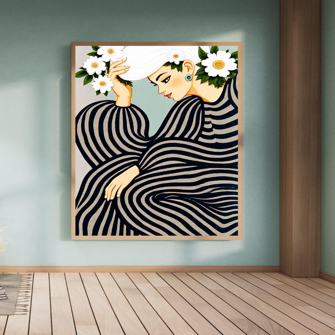 Printable Floral Woman Stripe Print, Modern Abstract Art (digital ...