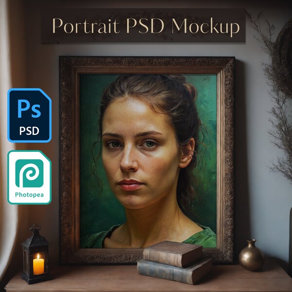 Realistic Portrait PSD Mockup | Gold Frame | Elegant Setting | Poster & Painting Product Photography | High Resolution | Medieval Farmhouse