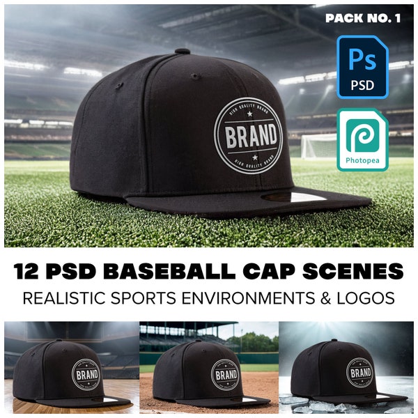 Sports Black Baseball Cap with Embroidered Logo Appearance | Pack of 12 | Realistic Backdrops | Photoshop PSD Mockup | Product Photography