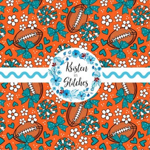 May include: An orange pattern featuring American footballs, teal bows, pom-poms, hearts, and white flowers. The footballs are brown with white laces. The text "Kristen in Stitches" is in a floral wreath. The design is suitable for fabric or paper.