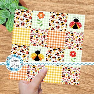 May include: A colorful patchwork design featuring ladybugs, flowers, and gingham patterns in orange, yellow, and green. The design includes the text "LOVE BUG" and is held by a hand. The design is from "Kristen in Stitches".