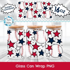 May include: Three glass can wraps with baseball and star designs in red, white, and navy blue. Each glass has a bamboo lid and straw. The image also includes a digital design with the text "Instant Download" and "16oz". The bottom of the image reads "Glass Can Wrap PNG".
