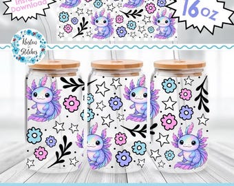 Envoltorio para lata de vidrio de 16 oz de ajolote bebé, PNG transparente imprimible, envoltura para vasos Libbey, artesanía para vaso UV DTF, lindas salamandras kawaii rosadas y moradas