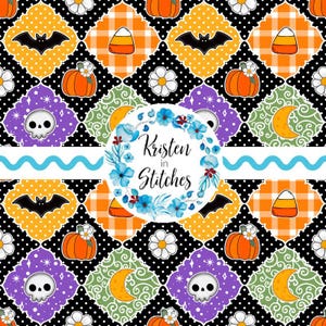 以下が含まれることがあります： カボチャ、コウモリ、キャンディーコーン、骸骨、月をあしらったハロウィーンをテーマにしたパターン。デザインには、花柄とチェック柄の要素が含まれており、「Kristen in Stitches」の文字が花のリースの中にあります。カラーパレットには、オレンジ、黒、紫、白が含まれています。