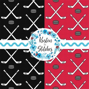 May include: A digitally created pattern featuring hockey sticks and pucks. The design is repeated on a black and red background. The image includes a floral wreath with the text "Kristen in Stitches".