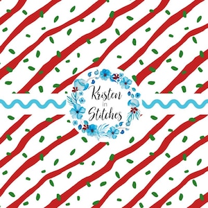 May include: A white background with diagonal red stripes and green dots. A blue wavy line and a floral wreath with the text "Kristen in Stitches" are also present. The design is likely for fabric or digital art.
