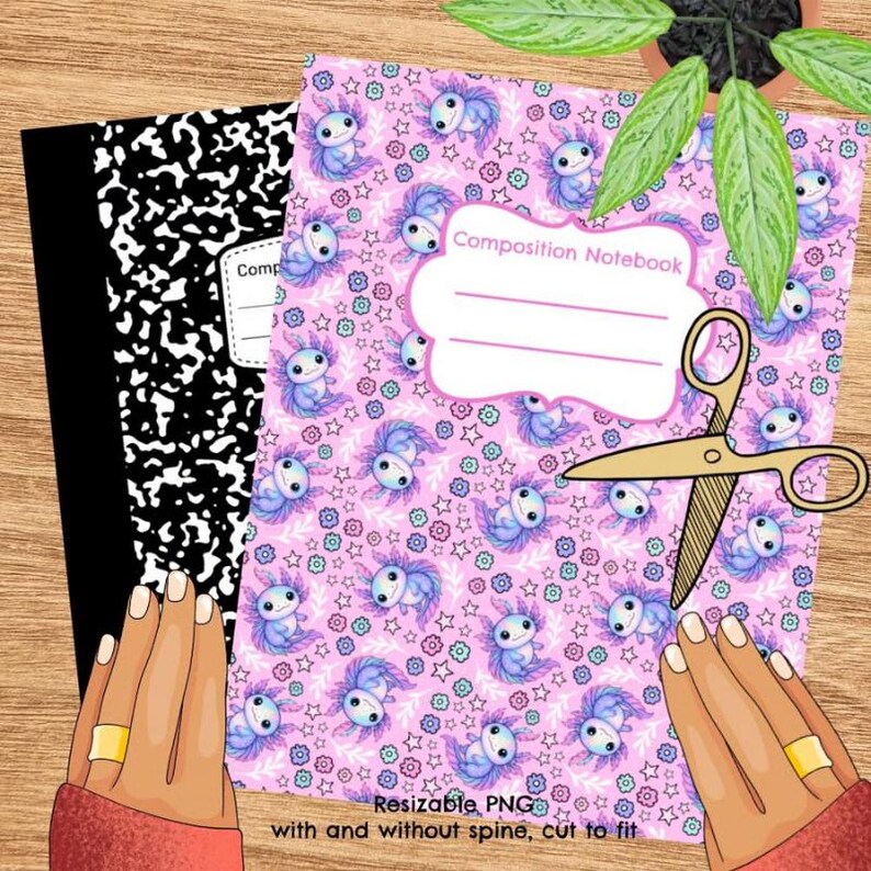 K&ouml;nnte beinhalten: Zwei Notizb&uuml;cher, eines schwarz-wei&szlig;, das andere rosa mit einem Axolotl-Muster. Auf dem rosa Notizbuch steht "Composition Notebook". Eine goldene Schere liegt auf dem rosa Notizbuch.