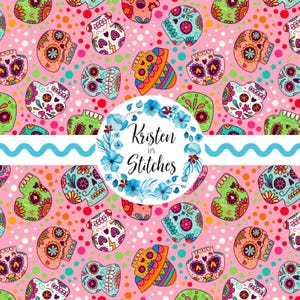May include: A pink background featuring a repeating pattern of vibrant sugar skulls and sombreros. The skulls and hats are adorned with detailed designs in multiple colours. The image also includes the text "Kristen in Stitches" within a floral wreath.