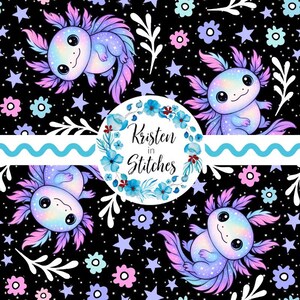 May include: A repeating pattern featuring cartoon axolotls in shades of blue, purple, and pink against a black background with stars and flowers. The design includes the text "Kristen in Stitches" in a floral wreath.