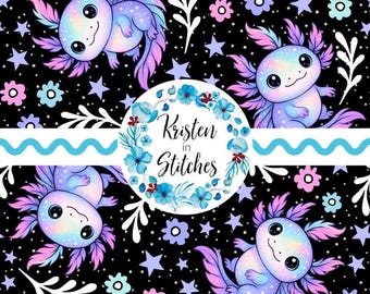 Axolotl Galaxy Seamless Pattern, Digital File, Instant Download, Printable Paper, Pond Life, Baby Axolotls, Pretty Pastel Kawaii Floral