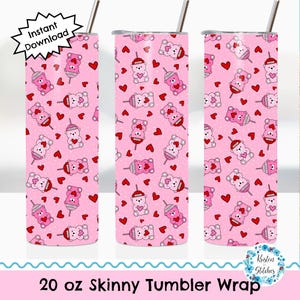May include: Pink 20 oz skinny tumbler wrap featuring a repeating pattern of teddy bears, hearts, and coffee drinks. The bears are in various shades of pink and red, with white polka dots on the background. The text "Instant Download" is in a black starburst.