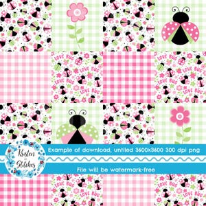 K&ouml;nnte beinhalten: Ein digitales Design mit einem Patchwork-Muster. Es zeigt Marienk&auml;fer, Blumen und Vichy-Quadrate in Rosa, Gr&uuml;n und Schwarz. Die Worte "Love Bug" wiederholen sich. Das Bild enth&auml;lt einen Hinweis, dass es ohne Wasserzeichen sein wird.