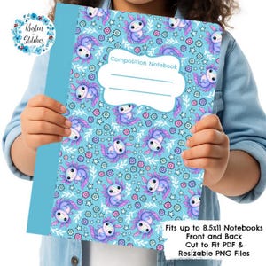 May include: A composition notebook with a light blue cover and a pattern of cartoon axolotls in purple and blue. The notebook has a white label that says "Composition Notebook". The notebook fits up to 8.5x11 notebooks.