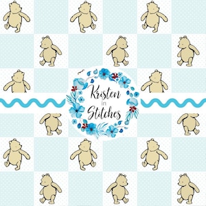 May include: A repeating pattern featuring cartoon bears on a light blue and white checkered background. The design includes a floral wreath with the text "Kristen in Stitches" in the center. A wavy blue line adds a decorative element.