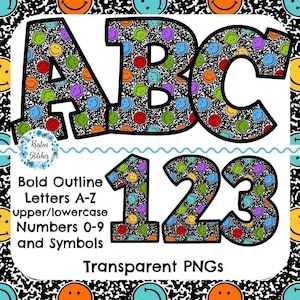 Puede incluir: Imagen de letras y números en negrita con un patrón de caras sonrientes. La imagen presenta las letras ABC y los números 123, con el texto "Transparent PNGs" en la parte inferior. Las letras y los números son negros con un diseño de caras sonrientes colorido.