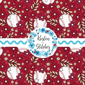 May include: A seamless pattern featuring baseballs, flowers, and leaves on a red background. The baseballs have red stitching and a star. The design includes the text "Kristen in Stitches" in a floral wreath and a light blue wavy line.