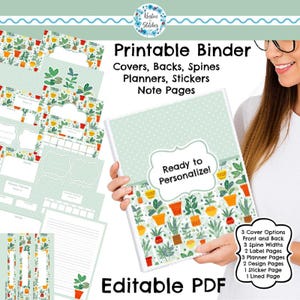 Puede incluir: Un archivador imprimible con cubiertas, lomos, planificadores, pegatinas y páginas de notas. El archivador tiene una cubierta verde claro con un patrón de lunares y una etiqueta "Ready to Personalize!". La parte inferior tiene un patrón de plantas en macetas.