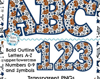 May include: Digital graphic set featuring bold outline letters A-Z, numbers 0-9, and symbols. The letters and numbers are filled with a pattern of footballs and stars. The text "Transparent PNGs" is also included.