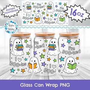 May include: Three clear 16 oz glass tumblers with bamboo lids and straws, featuring a repeating pattern of white ghosts reading books, colorful stars, and the text I'm BOO-ked and I BOO-ks. The design includes ghosts holding stacks of books.