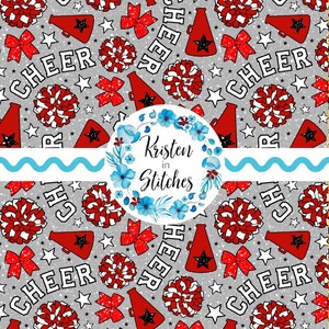 May include: A gray background with a pattern of red cheerleading elements, including megaphones, bows, and pom-poms. White stars and the word "CHEER" are also featured. A floral logo with the text "Kristen in Stitches" is in the center.