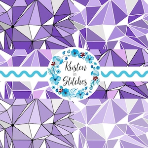 May include: Abstract geometric design in purple, white, and grey. The pattern is composed of triangular shapes. A circular logo with blue flowers and the text "Kristen in Stitches" is in the centre of the image.