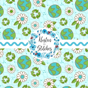 以下が含まれることがあります： 水色のパターンで、漫画の地球儀、白いデイジー、緑のリサイクルシンボルが描かれています。 デザインには、波状の青いストライプと、「Kristen in Stitches」というテキストが入った花のリースが含まれています。