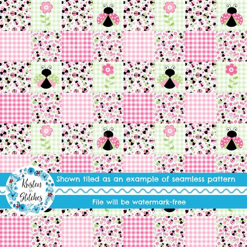 K&ouml;nnte beinhalten: Ein nahtloses Muster mit einem Patchwork-Design. Es zeigt rosa Vichy-Quadrate, Marienk&auml;fer, Blumen und Quadrate mit floralem Druck. Die Marienk&auml;fer haben rosa und gr&uuml;ne Fl&uuml;gel. Der Text lautet "Shown tiled as an example of seamless pattern" und "File will be watermark-free".