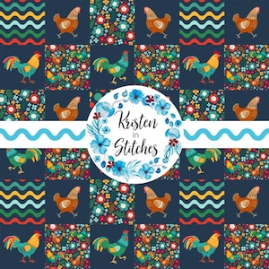 May include: A fabric pattern featuring a grid of squares with illustrations of brown hens, green roosters, and colorful floral motifs on a dark blue background. A central white circle contains the blue floral wreath and text Kristen in Stitches.