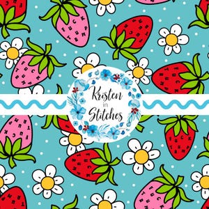Puede incluir: Patrón repetitivo de fresas rojas y rosas con la palabra "FUCK", margaritas blancas con centros amarillos y un fondo azul claro con lunares blancos. El diseño incluye el texto "Kristen in Stitches".