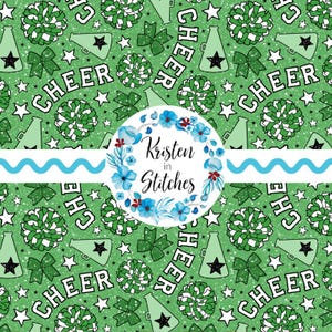 Sömlöst mönster med cheerleaderbågar och pompoms, digital PNG-fil, utskrivbart DIY-papper, lagsporter, cheerleader-megafoner, grönt