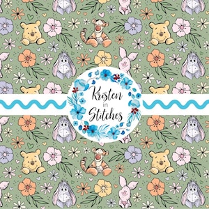 May include: A repeating pattern featuring Winnie the Pooh characters, including Pooh Bear, Tigger, Eeyore, and Rabbit, along with flowers and hearts on a light green background. The design includes the text "Kristen in Stitches" in a floral wreath.