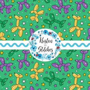 May include: A repeating pattern of balloon dogs in yellow, green, and purple, along with yellow, purple, and white stars, on a green background. The design includes a white wavy stripe and a floral circle with the text "Kristen in Stitches."