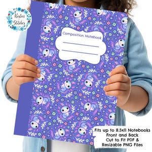 May include: A composition notebook with a purple cover featuring a repeating pattern of axolotls, stars, and flowers in shades of blue, pink, and purple. The notebook has a white label that says "Composition Notebook".