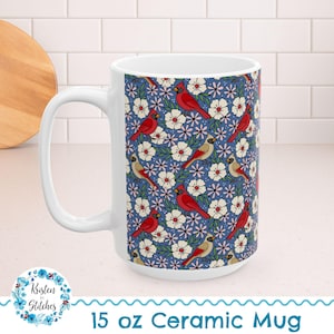 Taza de cerámica con diseño floral de pájaros cardenales de 15 oz, cardenales machos y hembras, flores de pájaros rojos, taza de té grande, cuando aparece un cardenal, un ángel está cerca imagen 1