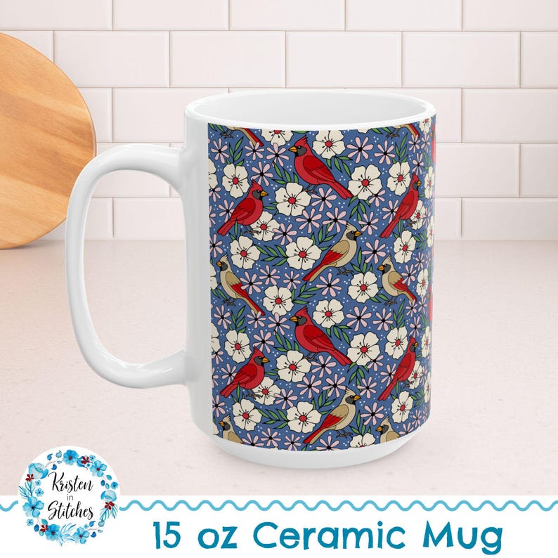 Taza de cerámica con diseño floral de pájaros cardenales de 15 oz, cardenales machos y hembras, flores de pájaros rojos, taza de té grande, cuando aparece un cardenal, un ángel está cerca imagen 1