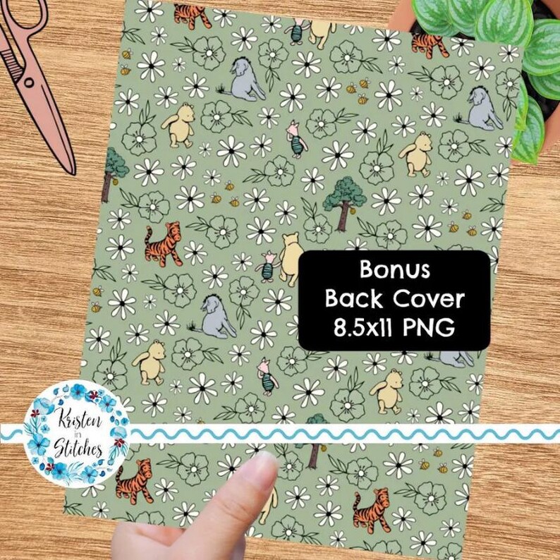 May include: A green background with a repeating pattern of white flowers, cartoon animals, and trees. The image includes the text "Bonus Back Cover 8.5x11 PNG" and a logo that says "Kristen in Stitches".