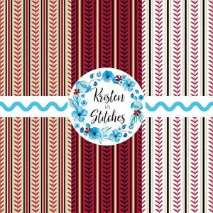 May include: A digital design featuring four vertical patterns with alternating colors. The patterns include red, black, and beige stripes with a baseball stitch design. A circular logo with blue flowers and the text "Kristen in Stitches" is in the center.