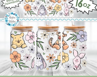 Envoltorio clásico de Winnie-the-Pooh para lata de vidrio de 16 oz, PNG transparente imprimible, envoltorio para vaso Libbey, artesanía para vaso UV DTF, Piglet, Tigger, Ígor