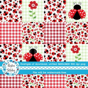 May include: A patchwork design featuring ladybugs, flowers, and gingham patterns in red, white, and green. The design includes the text "Love Bug" and is suitable for various craft projects. The image is a digital download.