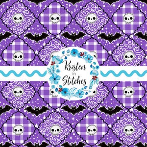 May include: A repeating pattern with purple and white checkered squares, white skulls, and black bats. The design includes a floral wreath with the text "Kristen in Stitches" and a blue wavy line.