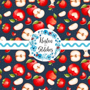 May include: A repeating pattern of red apples, apple slices, and heart-shaped apples on a dark blue background. The design includes the text "Kristen in Stitches" within a floral wreath.