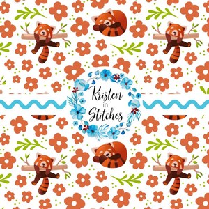 May include: A repeating pattern featuring red pandas, orange flowers, and green leaves on a white background. The design includes the text "Kristen in Stitches" within a blue floral wreath. The red pandas are depicted in various poses.