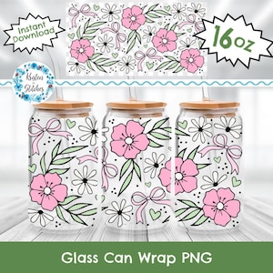May include: Three clear glass can wraps with a floral design featuring pink flowers, white daisies, green leaves, and pink bows. Each wrap has a wooden lid and a straw. The image also includes the text "Glass Can Wrap PNG".