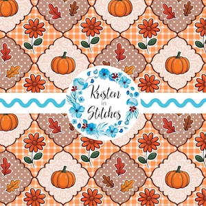 May include: A repeating pattern featuring orange pumpkins, flowers, and fall leaves on a checkered orange background. The design includes a circular logo with blue flowers and the text "Kristen in Stitches". A light blue wavy line is also present.