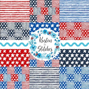Op de afbeelding: Een patriottisch ontwerp met rode, witte en blauwe patronen die doen denken aan de Amerikaanse vlag. De afbeelding bevat strepen, sterren en patchwork-ontwerpen, met een bloemenkrans in het midden met de tekst "Kristen in Stitches".